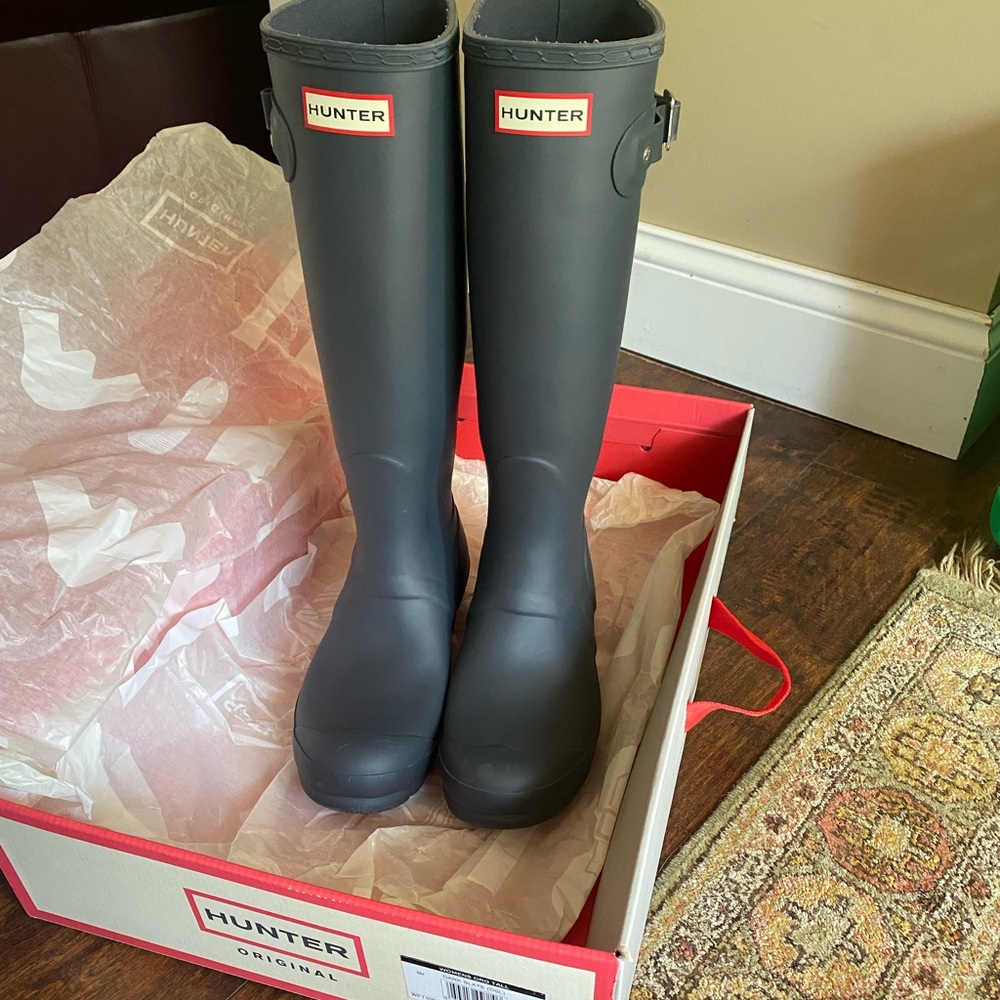 Gray tall Hunter boots